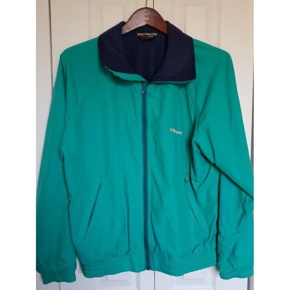 Sportsmaster Broyhill Large Jacket Green Fleece Lined in Nav Zip Front Navy Blue